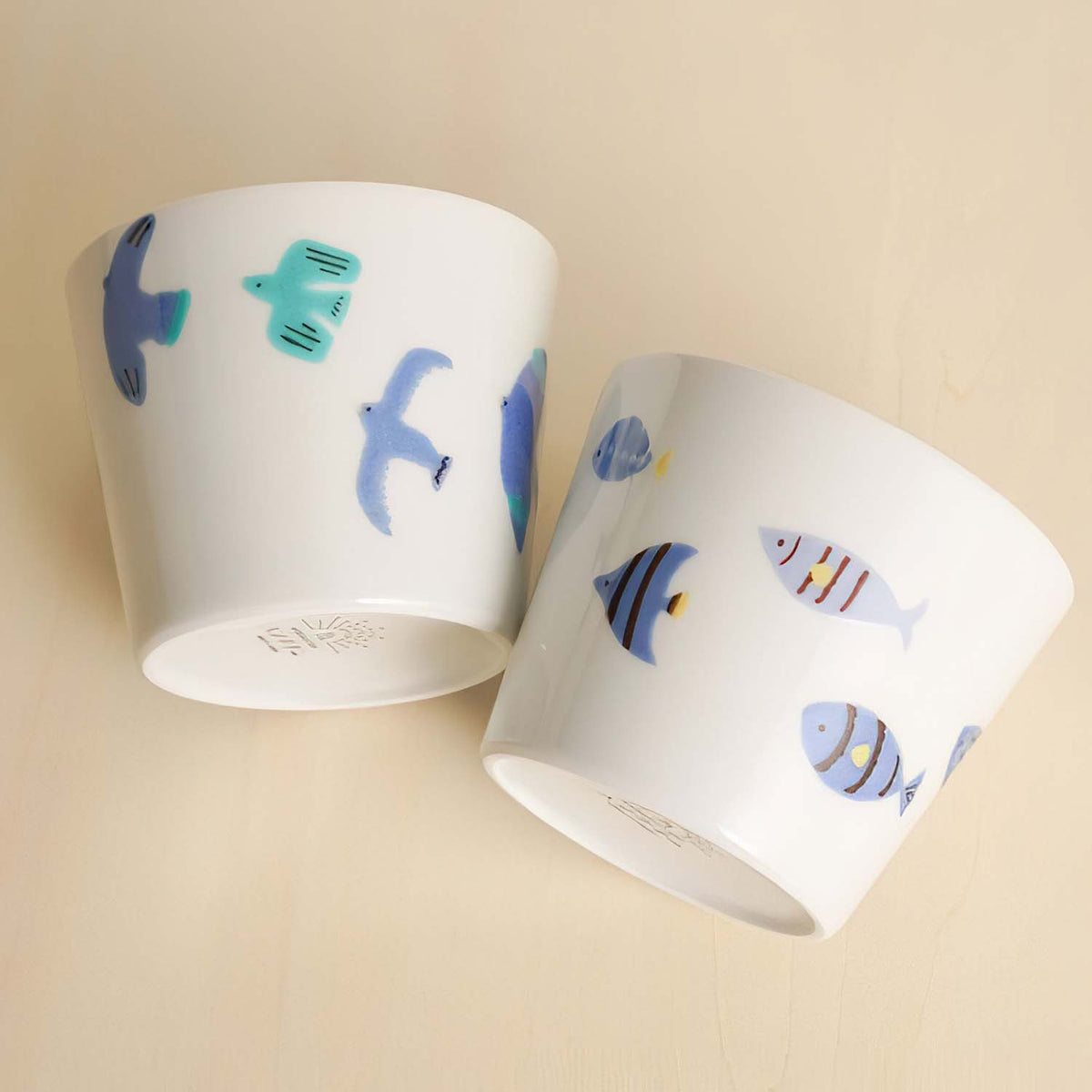 Harekutani Porcelain Blue Bird Fish Cup Set (2 Cups)
